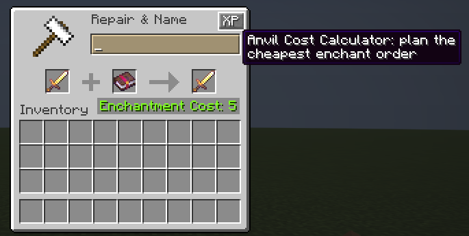 An anvil screen with a small XP button in its top-right corner and its tooltip.