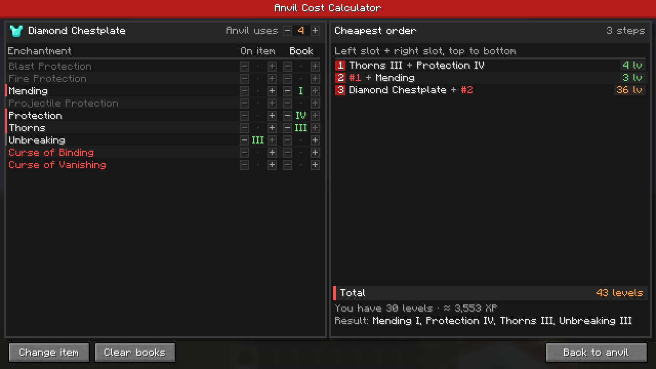 The planner for a diamond chestplate with 4 anvil uses and Unbreaking III, adding Protection IV, Thorns III and Mending: three steps, the last one 36 levels.