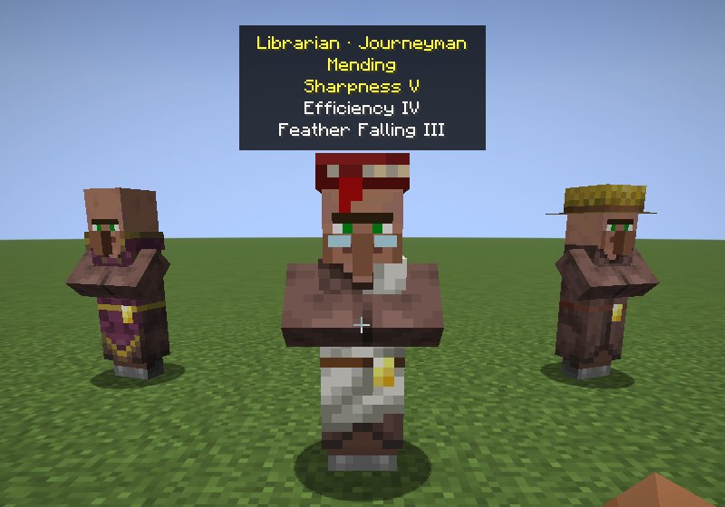 A title card above a librarian: Librarian · Journeyman, then Mending and Sharpness V in gold and Efficiency IV and Feather Falling III in white.
