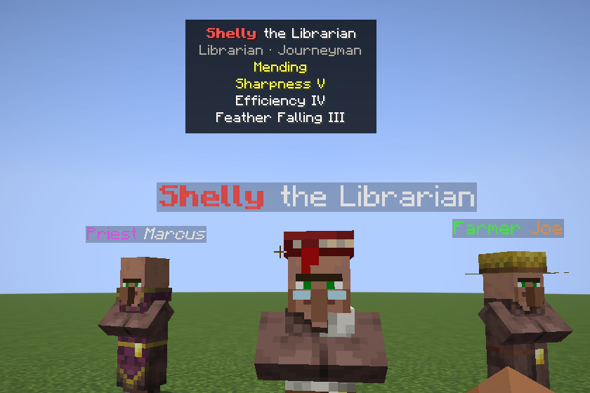 A renamed librarian with a title card listing Mending, Sharpness V, Efficiency IV and Feather Falling III, next to two villagers with colorful floating names.