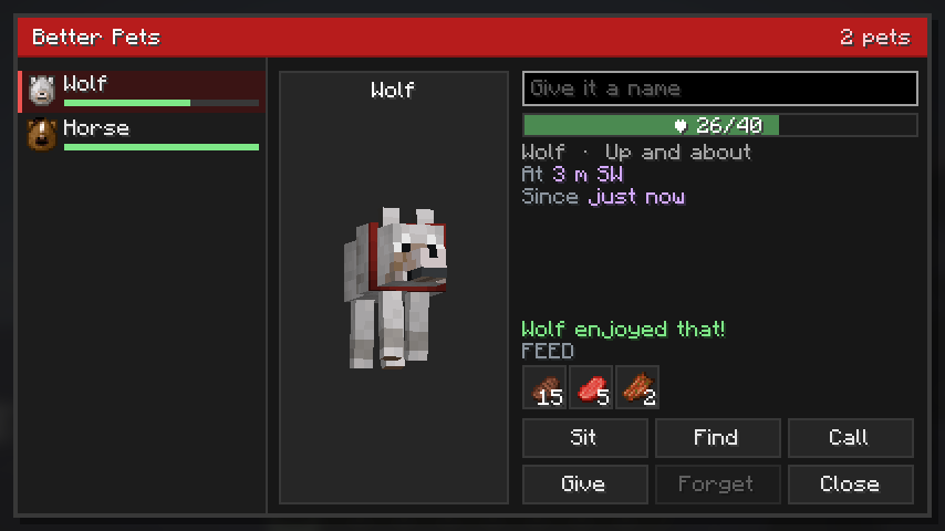The Better Pets menu: pet list, live 3D wolf, health bar, feed slots and action buttons