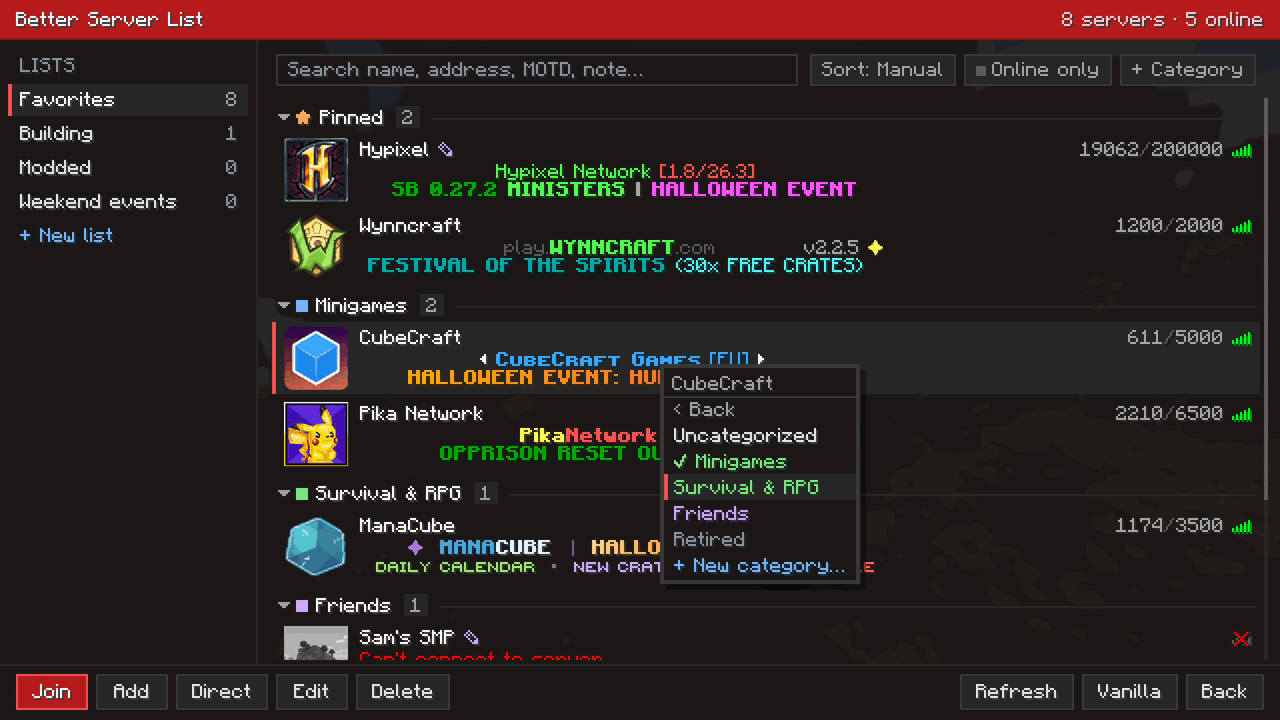 CubeCraft's right-click menu showing the 'Move to category' choices: Uncategorized, Minigames (ticked), Survival & RPG, Friends, Retired and + New category.