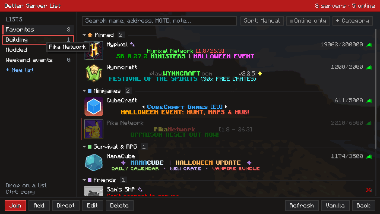 Pika Network being dragged onto the 'Building' list in the sidebar, which is outlined in red; a hint at the bottom of the sidebar says 'Drop on a list, Ctrl: copy'.
