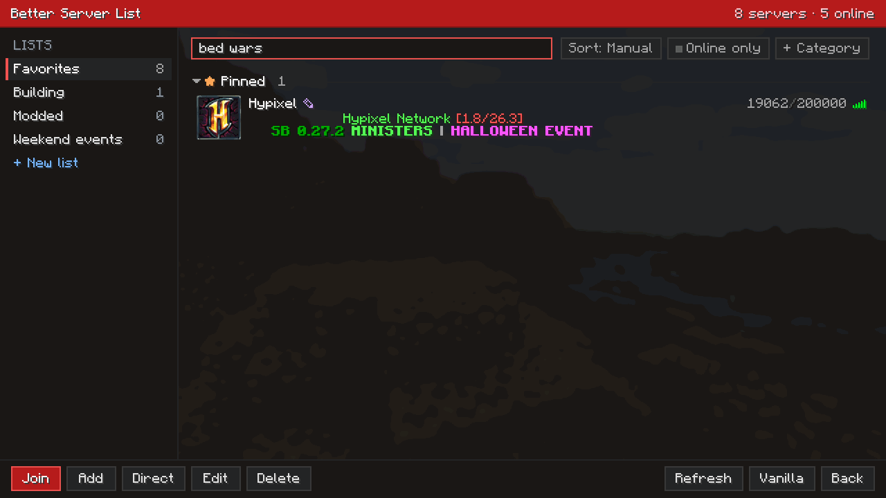 The search box contains 'bed wars' and the list shows only Hypixel, whose note mentions Bed Wars.