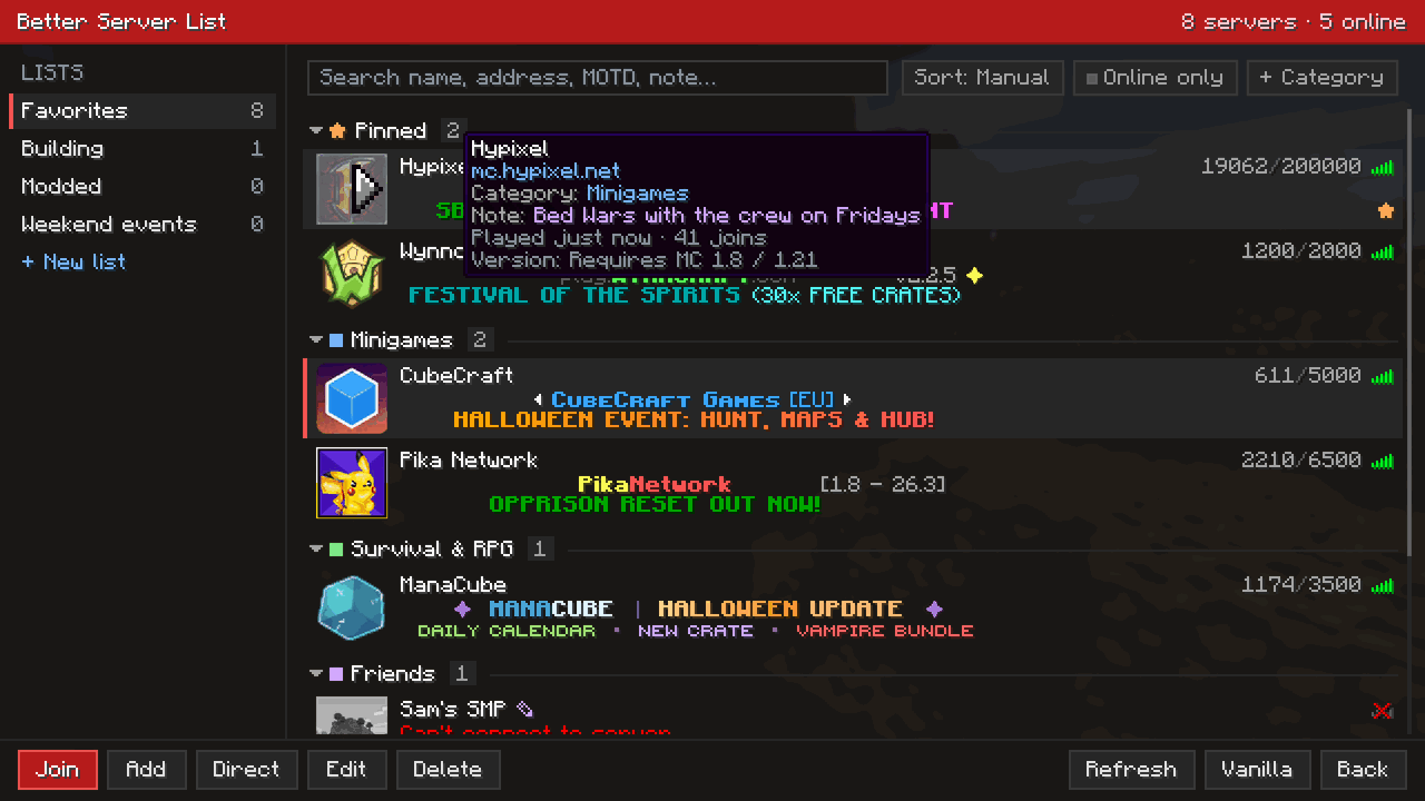 The tooltip over Hypixel's name: mc.hypixel.net, Category: Minigames, Note: Bed Wars with the crew on Fridays, Played just now, 41 joins, and the server's version.
