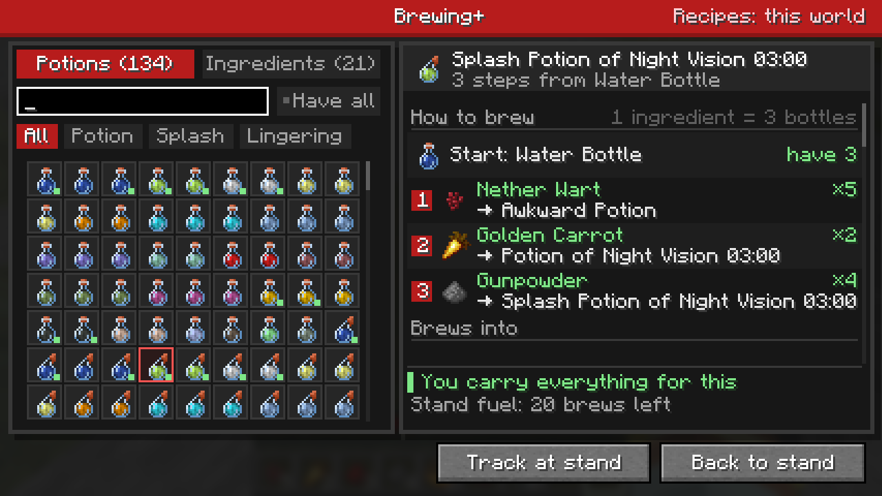 The Brewing+ guide: a grid of potions on the left; on the right, Splash Potion of Night Vision in three steps from a water bottle: Nether Wart, Golden Carrot, Gunpowder, with how many of each you carry.