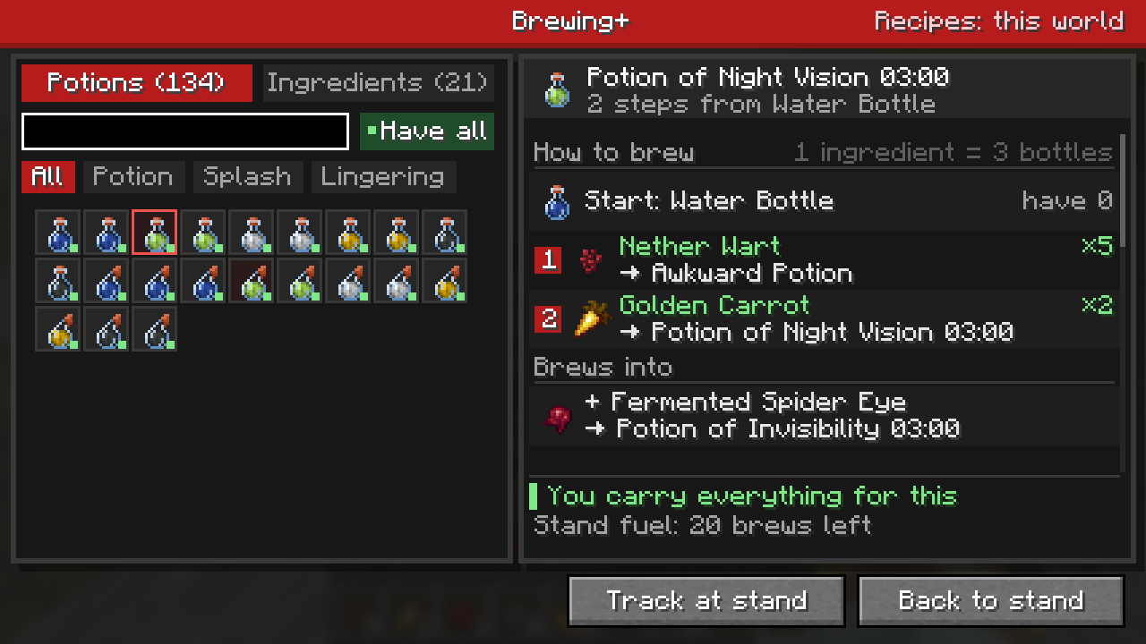 The guide with the 'Have all' filter on, showing only brewable potions; Potion of Night Vision is selected, and it brews into Invisibility with a Fermented Spider Eye.