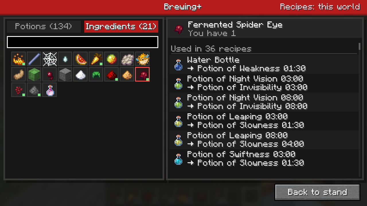 The ingredients page with Fermented Spider Eye selected: used in 36 recipes, such as Water Bottle to Potion of Weakness and Night Vision to Invisibility.