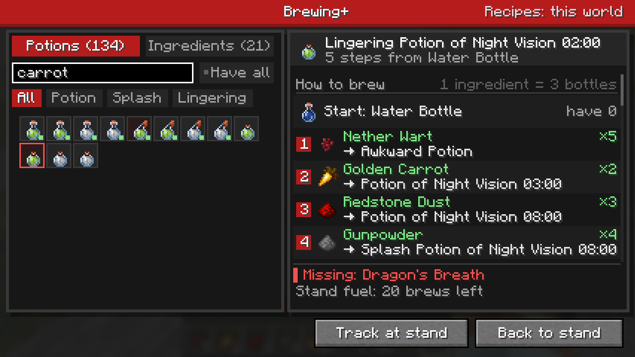 The guide filtered by the search 'carrot', showing Lingering Potion of Night Vision 02:00 in five steps; the last ingredient, Dragon's Breath, is missing.