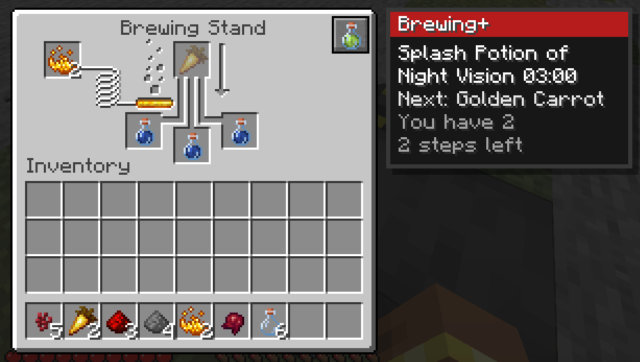 The same stand holding awkward potions; the ghost now shows a Golden Carrot and the card reads 'Next: Golden Carrot, You have 2, 2 steps left'.