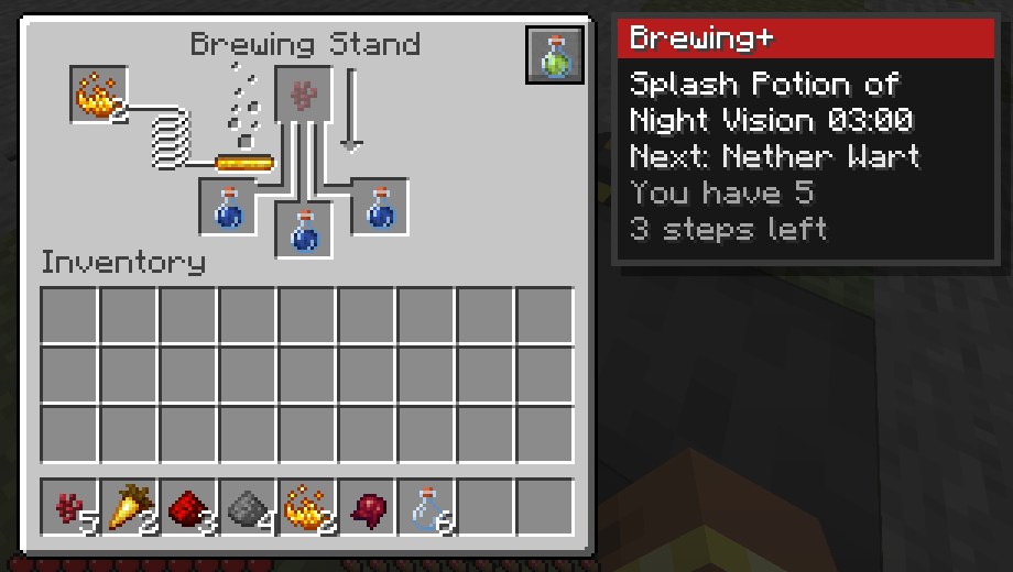 A brewing stand with water bottles; a ghost Nether Wart sits in the ingredient slot and a card reads 'Next: Nether Wart, You have 5, 3 steps left'.