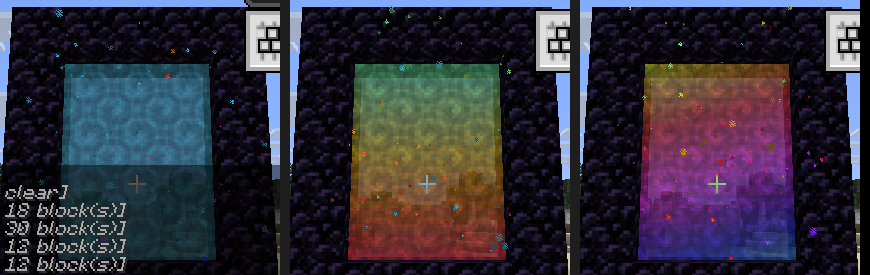 Three Nether portals: solid light blue, a red to gold to mint gradient, and a rainbow