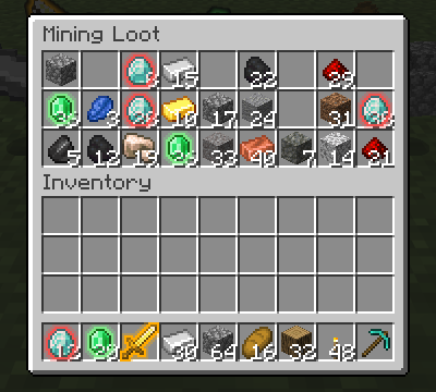 A chest full of mining loot where only the diamonds and emeralds are tinted.