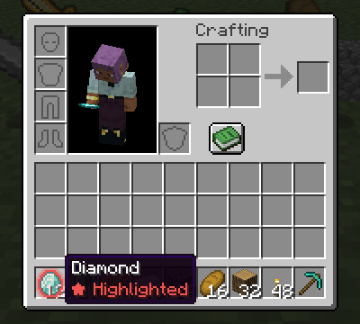 The inventory with tinted diamonds and emeralds and a tooltip reading Diamond, ★ Highlighted.