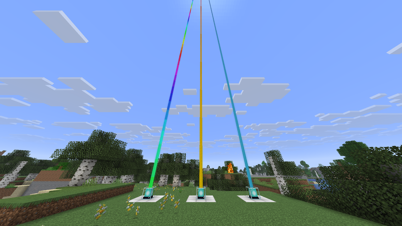 Three beacons on iron blocks in a grassy plain at midday. Their beams rise into a blue sky: a rainbow on the left, a yellow-to-orange gradient in the middle, and a light blue beam on the right.