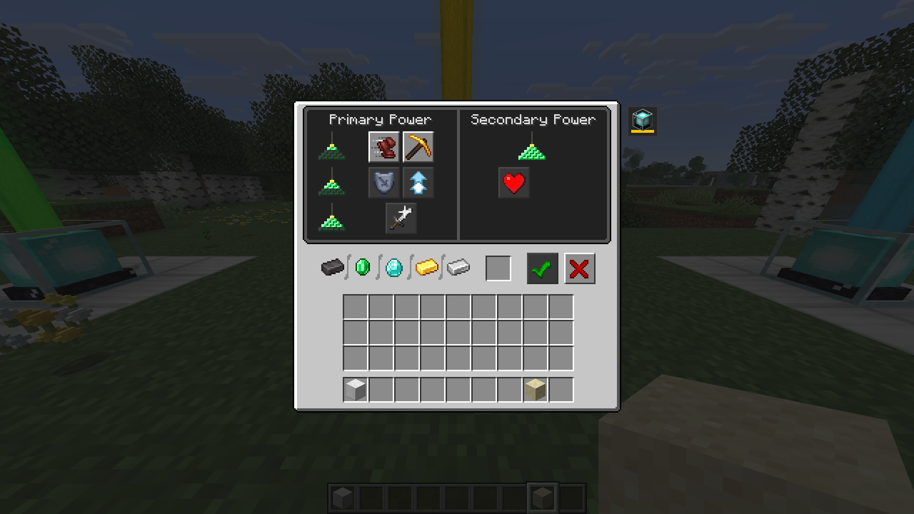 The vanilla beacon window with a small square button just outside its top-right corner, showing a beacon icon over a yellow strip.