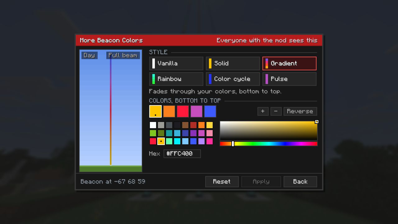 The More Beacon Colors menu with Gradient selected and five colors in a row: yellow, orange, red, pink and blue, with the plus, minus and Reverse buttons, the palette, the color picker and a hex field reading #FFC400. The preview is zoomed out to the full beam, which fades from yellow at the bottom to blue at the top.