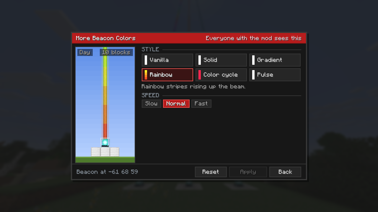 The More Beacon Colors menu with Rainbow selected: a daytime preview of the beacon on three iron blocks with a rainbow beam, six style tiles, and Slow, Normal and Fast speed buttons.